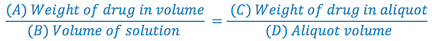 (A) Weight of drug in volume = (C) Weight of drug in aliquot (B) Volume of solution (D) Aliquot volume